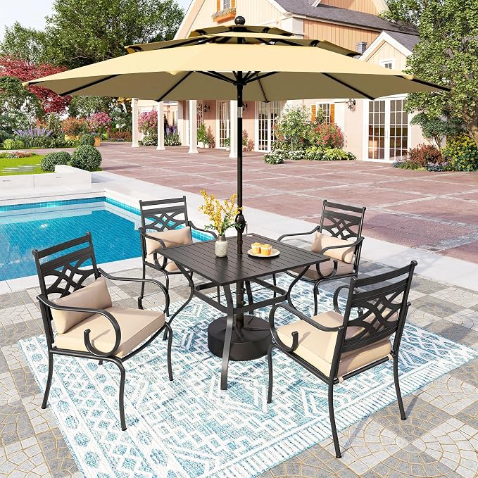 PHI VILLA 4 Piece, Outdoor Dining Set, Round Metal Table, Cushioned, Beige | 10ft 3-Layer Auto-tilt Round Umbrella, 10ft Umbrella