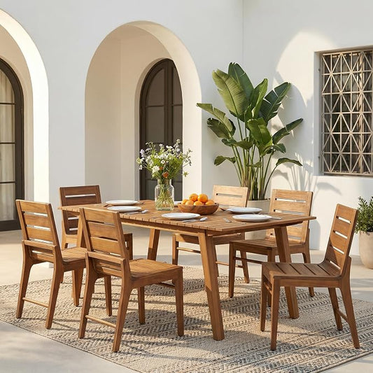 Christopher Knight Home 7 Piece Outdoor Dining Set, 69" Acacia Wood Patio Table with 6 Wooden Chairs, Teak Finish Solid Wood Dining Table Set for Backyard Garden Porch Deck