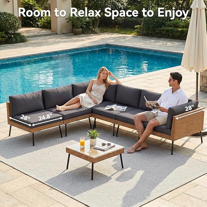 Aoxun 7-Piece Patio Furniture Set, Wicker Outdoor Furniture with Water Resistant Thick Cushions, Patio Conversation Set Outdoor Sectional Sofa with Coffee Table for Backyard Poolside, Black