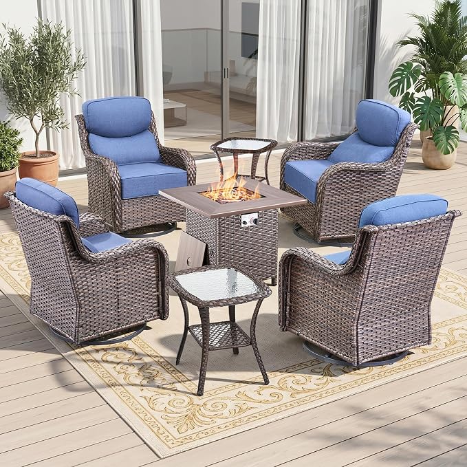 Luxury 7 Piece Wicker Patio Furniture Set with Swivel Rocker and 30“Fire Pit Table - Brown