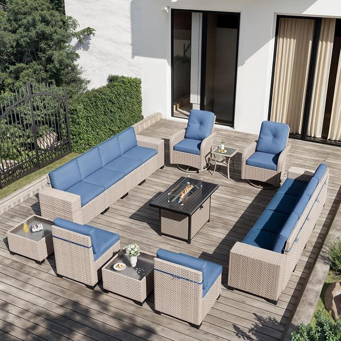 16 Pieces Patio Furniture Set with Fire Pit Table, Outdoor Sectional Wicker Sofa with Thick Cushions, High Back Swivel Rocker Patio Chairs, Rattan Conversation Set with Coffee Table, Navy
