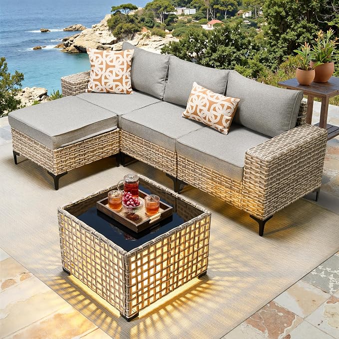 Patio Furniture Set, 5 Pieces Outdoor Wicker Conversation Sets with Coffee Table Outdoor Sectional Sofa for Balcony Backyard Poolside Garden Lawn (Gray)