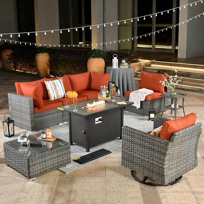 Weaxty 8 Piece Outdoor Sectional with Fire Pit Table, All Weather Wicker Patio Furniture Set with Swivel Rocker Chair Coffee Table, Thick Cushion Couch Conversation Sets for Garden Deck Backyard Red