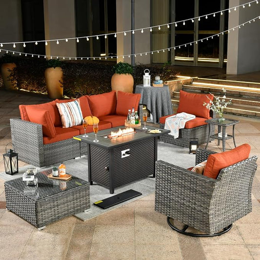 Weaxty 8 Piece Outdoor Sectional with Fire Pit Table, All Weather Wicker Patio Furniture Set with Swivel Rocker Chair Coffee Table, Thick Cushion Couch Conversation Sets for Garden Deck Backyard Red