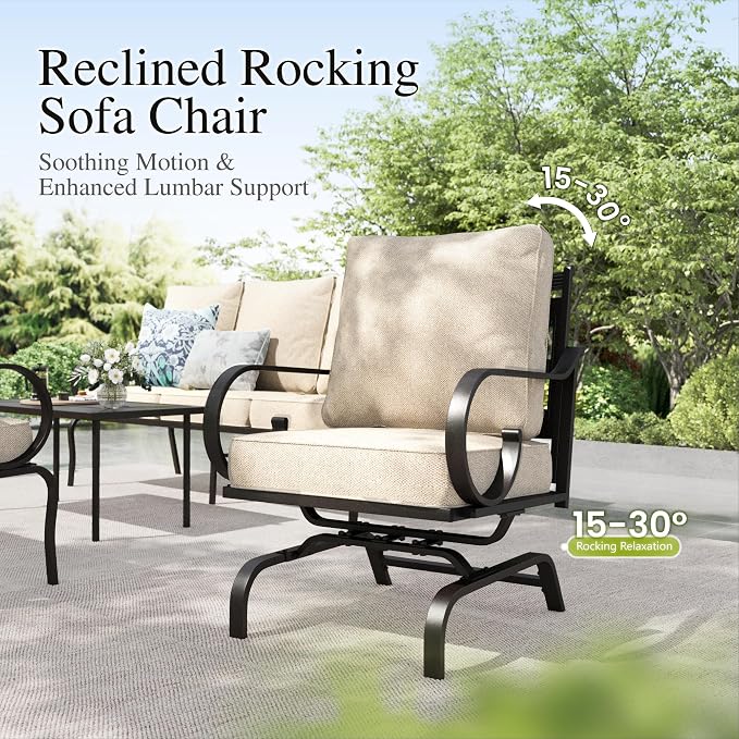 Sophia & William Patio Conversation Set for 5, 3-Seater Sofa, 2 Rocking Chairs and a 45" Fire Pit Table, Metal Outdoor Furniture with 5.75" Extra Thick Cushions, Beige