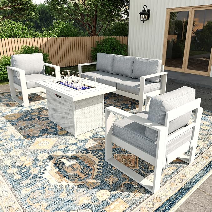 4 Piece Modern Aluminum Patio Furniture Set with Fire Pit Table, Outdoor Patio Sectional Conversation Metal Seating Sets with Olefin Cushion