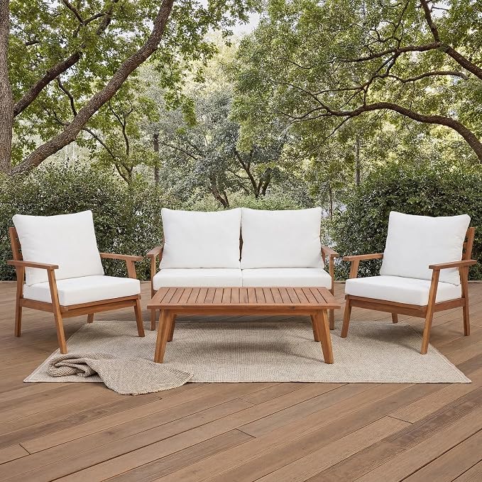 SAFAVIEH Outdoor Collection Castalia Natural Acacia Wood/Beige Cushion 4-Piece Conversation Patio Set