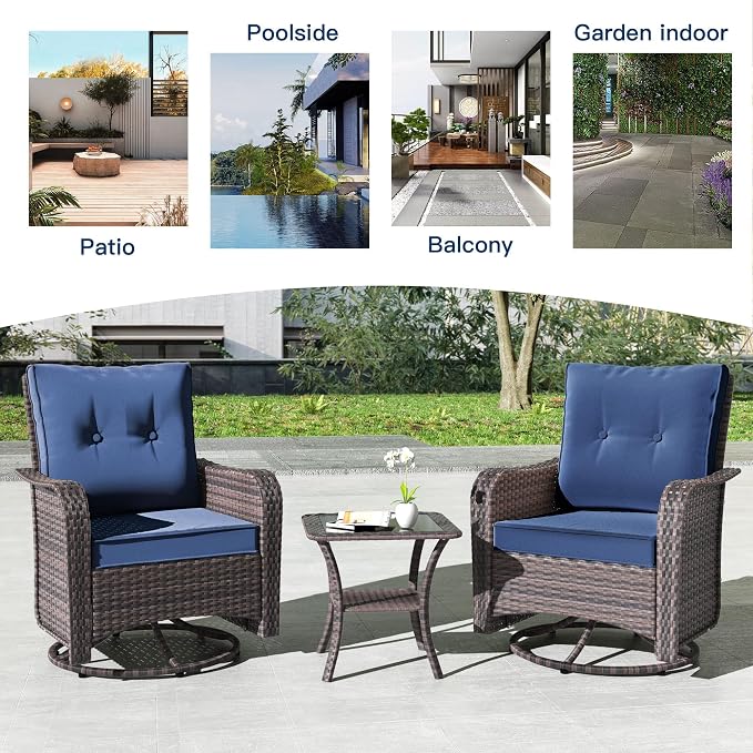 Kullavik 5 Pieces Outdoor Swivel Chairs Set,Patio Wicker Rocker Chairs with 4" Thick Cushions,Side Table and Ottomans,Patio Conversation Furniture Set for Patio Porch Deck Backyard,NavyBlue