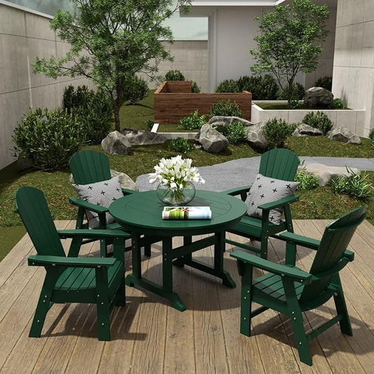 WestinTrends Dylan Adirondack Outdoor Dining Set for 4, All Weather Poly Lumber Patio Table and Chairs Set of 4, 47" Trestle Round Dining Table and Seashell Adirondack Dining Chair, Dark Green