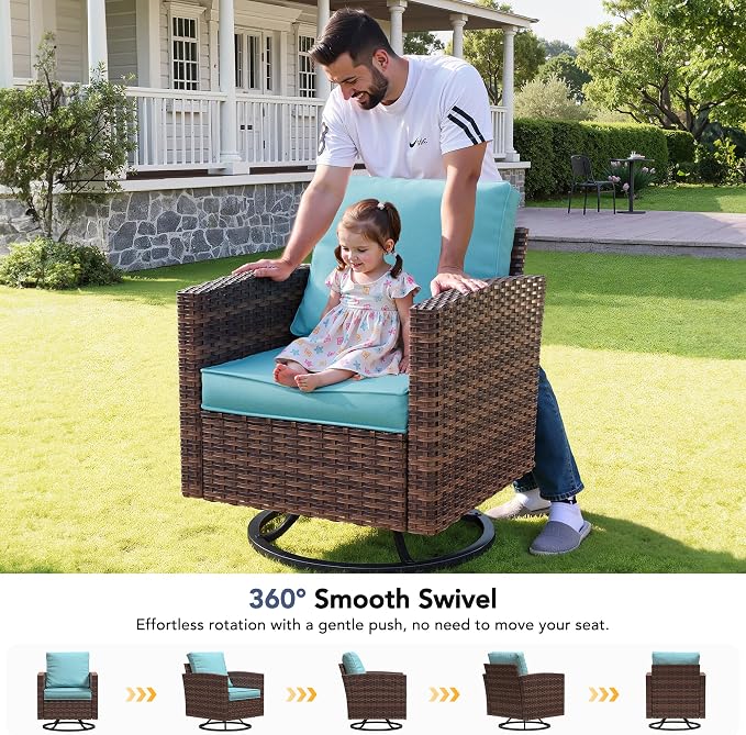Patio Furniture Set, 6 Pcs Patio Outdoor Sectional, Wicker Outdoor Couch with Swivel Chair, Ottomans, Side Table, 4" Thick Cushion, for Garden Backyard Deck,Light Blue