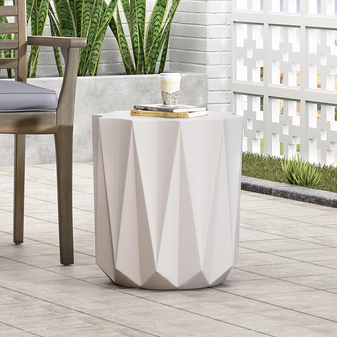 Merax Outdoor Lightweight Concrete Side Table 15" Dx18 H Aesthetic Geometric Design Accent Table Weather Resistant Patio End Table, No Assembly Required, Antique White