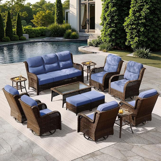 HILLGA Luxury Outdoor Patio Furniture Set with 6-Inch Thick Cushions, High Back Wicker Swivel Rocker Chairs, 13 Pcs All Weather Conversation Set for Large Deck, Yard and Poolside, Blue (V3)