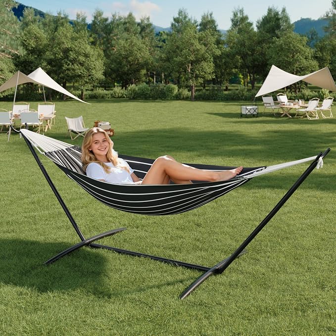 Double Cotton Hammock with Heavy Duty Steel Stand – 450 Lbs Capacity Brazilian Style Portable Hammock with Carry Bag for Backyard, Garden & Camping