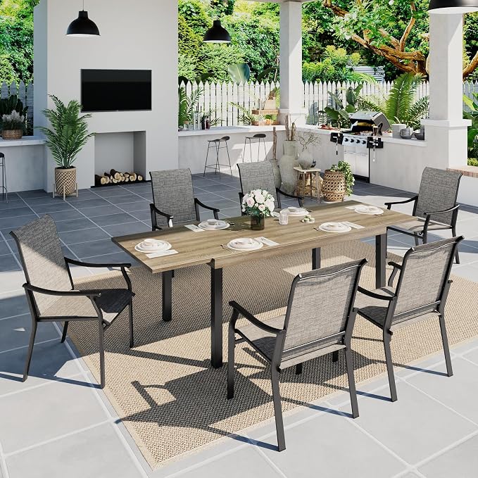 Sophia & William Patio Dining Set for 6, Quick Dry Textilene Chairs and Expandable Wood-Like Table for 6-8, Durable All-Weather Patio Furniture for Lawn, Park, and Courtyard Support 350lbs