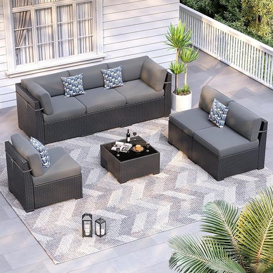 Patio Furniture Sets, 7-Piece Outdoor Patio Furniture with Thick Cushions,Coffee Table Outdoor All-Weather Conversation Set Sectional Sofa for Backyard, Poolside, Garden(Grey)