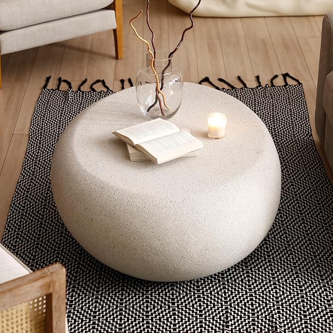 43.3" Faux Stone Coffee Table Modern Unique Coffee Table Oval Center Tables Round Edge Design Fiberglass Oval Accent Tables for Living Room Office Apartment No Assembly, Cream White