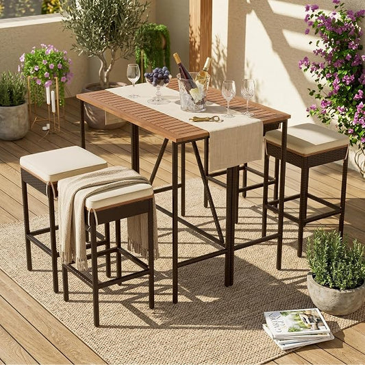 5-Piece Outdoor Patio Dining Set, Acacia Wood Bar Height Table with Foldable Tabletop and Four Stools with Cushions, High-Dining Bistro Set