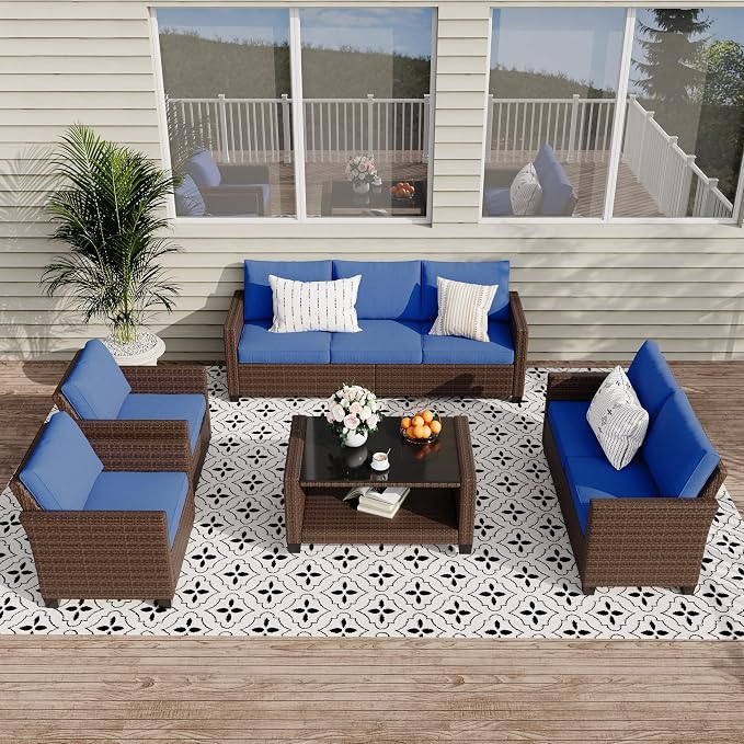 Garvee Outdoor Patio Furniture Set 5 Pieces, PE Rattan Wicker sectional Patio Conversation Set with Waterproof Cusions and Coffee Table, Brown and Blue