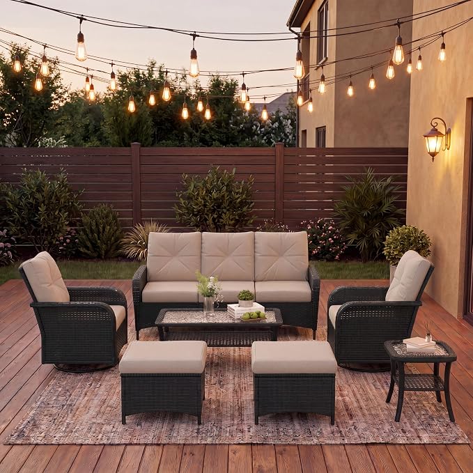 LazySunsets 9 Piece Outdoor Patio Furniture Set with Coffee Table, Wicker Rattan Outdoor Furniture with High Back Swivel Rocker Chairs, Outdoor Conversation Sets with Thick Cushions & Ottoman, Beige
