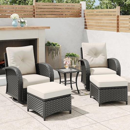 5 Pieces Outdoor Wicker Patio Swivel Rocking Chairs, All Weather Wicker Conversation Set with Side Table