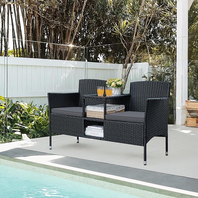 Greesum Patio Loveseat Outdoor Wicker Furniture Conversation Set with Soft Cushions & Built-in Coffee Table for Lawn Garden Backyard, Gray