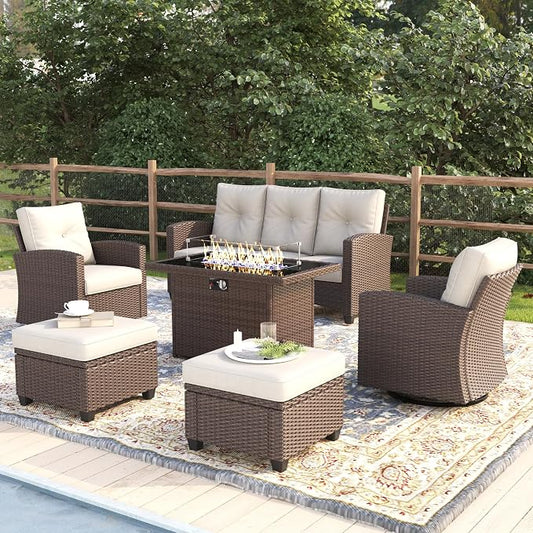 6 Pieces Patio Furniture Swivel Chairs Set with Fire Pit Table, Outdoor Wicker Glider Rocking Chairs with Sofa Set