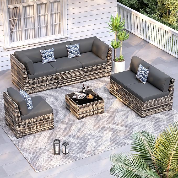 Patio Furniture Sets, 7-Piece Outdoor Patio Furniture with Thick Cushions,Coffee Table Outdoor All-Weather Conversation Set Sectional Sofa for Backyard, Poolside, Garden(Grey)