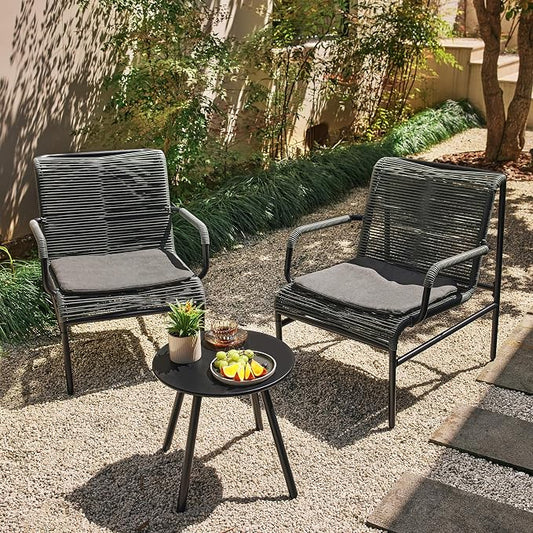 East Oak 3-Piece Patio Furniture Set, Outdoor Bistro Set with PE Rattan Wicker Wide Chairs, Soft Pads & Coffee Table, Modern All-Weather Wicker Patio Set for Garden and Porch, Misty Grey