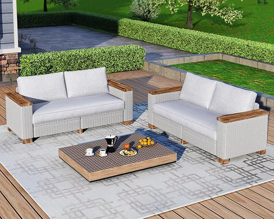 LUXOAK 4-Piece Outdoor Patio Furniture Set, All-Weather Wicker Sofa with 5.9" Solid Wood Armrests, Wooden Legs, and Cushions – Sectional Conversation Set for Backyard, Porch, Garden, or Poolside