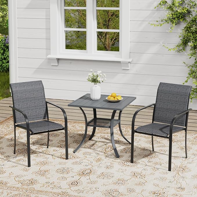 VICLLAX Outdoor Dining Set for 2, Small Patio Table and Chairs Set of Stackable Patio Sling Chairs and Square Dining Table for Front Porch, Dark Grey Fabric and Grey Table