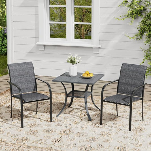VICLLAX Outdoor Dining Set for 2, Small Patio Table and Chairs Set of Stackable Patio Sling Chairs and Square Dining Table for Front Porch, Dark Grey Fabric and Grey Table