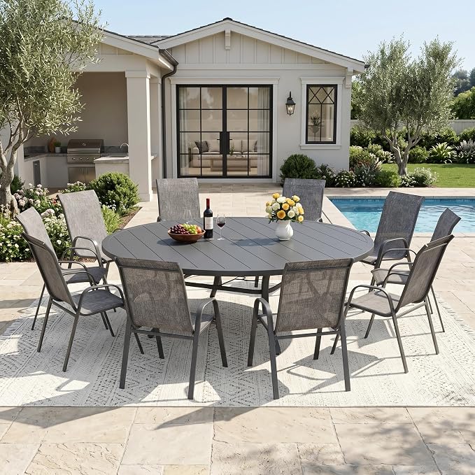DIFY 11 Piece Outdoor Dining Set, 63" Round Metal Patio Table and Textilene Stackable Chairs for 10, All Weather Patio Furniture Set with Umbrella Hole for Backyard Garden Deck, Grey