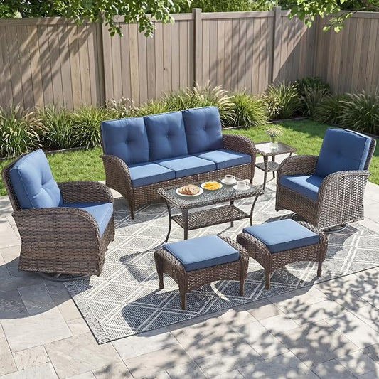 7 Piece Patio Furniture Set - Wicker Patio Conversation Set with Swivel Glider, 3 Seat Sofa, 2 Ottomans, Glass Side Table and Coffee Table for Deck Backyard - Brown Wicker Blue Cushion