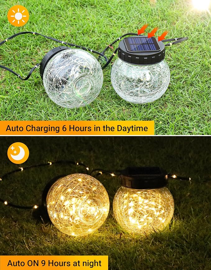 Solar Lights Outdoor Waterproof 12-Pack, Solar Powered Hanging Lantern Cracked Glass Hanging Globes for Yard Decor Christmas Decoration, Shepherd Hook, Garden Tree Ornaments, Warm White