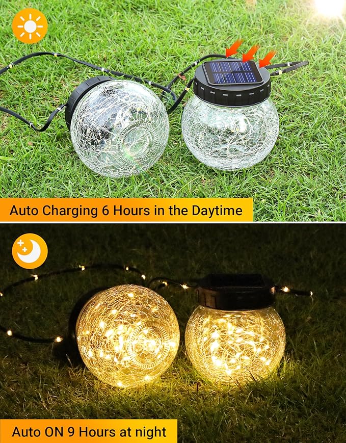 Solar Lanterns Solar Lights Outdoor Waterproof 18-Pack, Solar Powered Hanging Lights Cracked Glass Hanging Globes for Christmas Decoration, Shepherd Hook, Garden Tree Ornaments