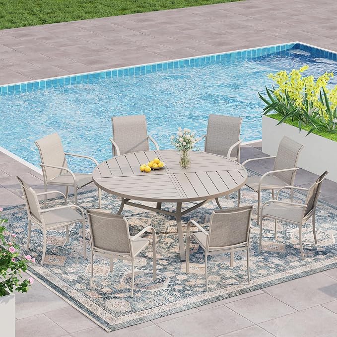 VICLLAX 9 Pieces Patio Outdoor Dining Set, 53" Round Metal Table with Umbrella Hole and 8 Stackable Textilene Chairs for Patio, Lawn, Garden, Porch, Sandshell