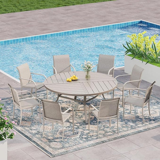 VICLLAX 9 Pieces Patio Outdoor Dining Set, 53" Round Metal Table with Umbrella Hole and 8 Stackable Textilene Chairs for Patio, Lawn, Garden, Porch, Sandshell