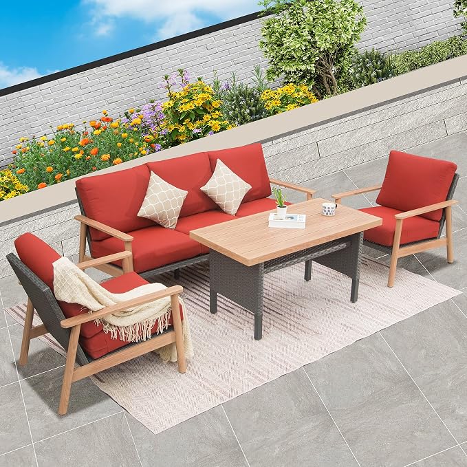 Domi Outdoor Wicker Patio Furniture Sets 4 Pieces, All-Weather Aluminum Rattan Padded Sofa Patio Conversation Sets with 2 Pillows for Porch Deck Garden(Red)