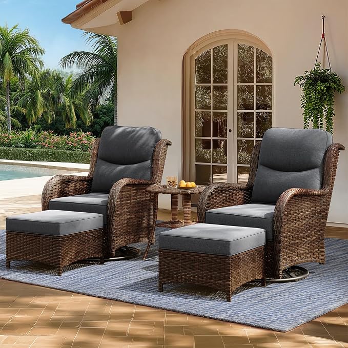 HILLGA Luxury Outdoor Patio Furniture Set with 6-Inch Thick Cushions, High Back Wicker Swivel Rocker Chairs, 5 Pcs All Weather Chairs Set for Small Porch, Deck and Sunroom, Gray (V3)