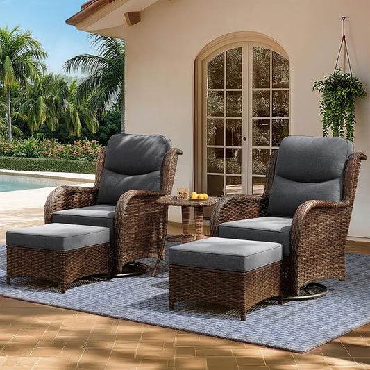 HILLGA Luxury Outdoor Patio Furniture Set with 6-Inch Thick Cushions, High Back Wicker Swivel Rocker Chairs, 5 Pcs All Weather Chairs Set for Small Porch, Deck and Sunroom, Gray (V3)