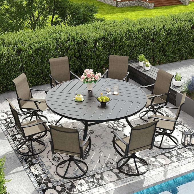 DIFY Patio Table and Chairs Set for 8, 9 Piece Outdoor Dining Set Includes 63" Black Round Metal Dining Table with Umbrella Hole and 8 Brown Textilene Swivel Patio Chairs, for Garden Backyard Deck