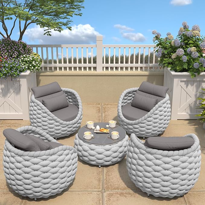 TWT Aluminum Outdoor Patio Furniture Set, 4 Textilene Armchairs Modern Outdoor Conversation Set Outdoor Single Sofa with Upgrade Cushion and Coffee Table for Balcony,Light Grey