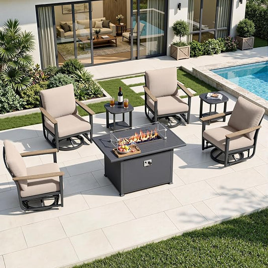 7Pcs Patio Rocking Swivel Chair with 55,000 BTU Fire Pit Table Outdoor Aluminum Bistro Set with Coffee Table, Patio Furniture Set with High Backrest & Thickened Cushions, Sand