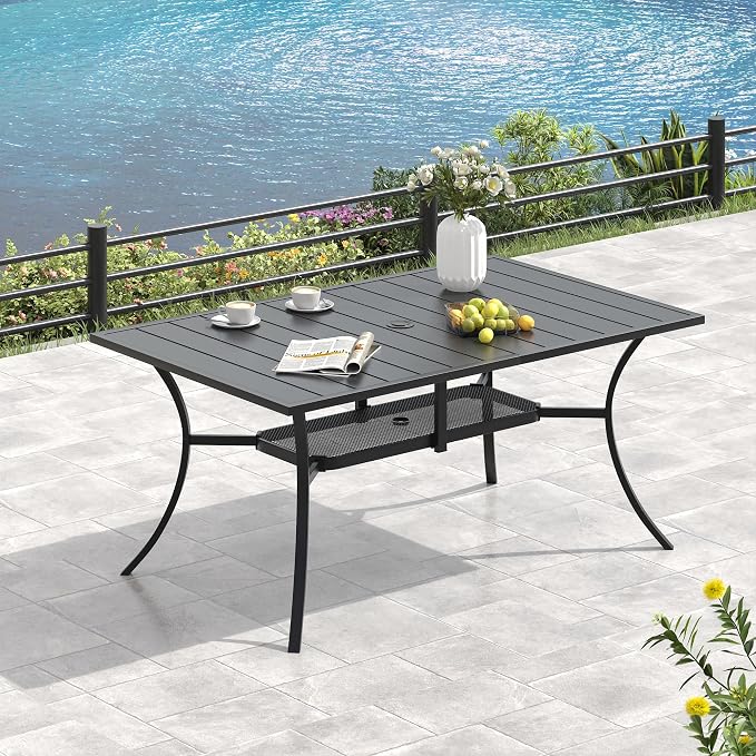VICLLAX Metal Patio Table for 6, Outdoor Dining Table with Umbrella Hole for Garden Lawn Deck Backyard, Black