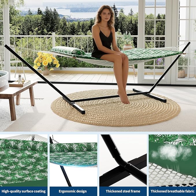 Double Hammock with Stand for 2 Person – Heavy Duty Cotton Rope, 450 lbs Capacity, Adjustable Steel Frame, Portable with Pillow & Pad, Ideal for Patio, Garden, Backyard, Indoor & Outdoor