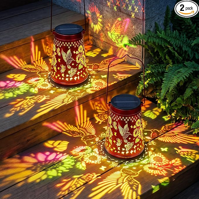 2 Pack Hummingbird Solar Lanterns Outdoor Solar Lights | Sunflowers and Butterflies, Metal Hanging Lights for Patio, Pathway, and Yard, Garden Decor Gifts for Women, Mom & Grandma