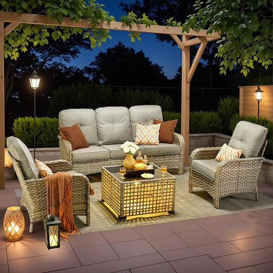 4-Piece Outdoor Patio Furniture Set,All Weather Wicker Rattan Patio Seating Sofa and Chair Set with Glowing Coffee Table,Outdoor Conversation Sets with 3 Seater Couch for Porch Deck Yard,Grey