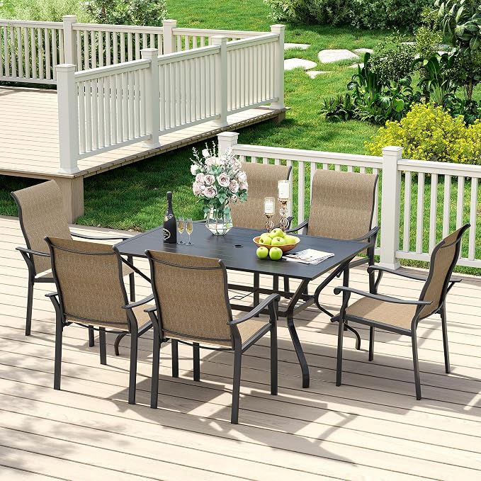 UDPATIO 7 Piece Patio Dining Set for 6, Patio Outdoor Table and Chairs, 59"×38" Black Table with Umbrella Hole, Brown Patio Chairs, Patio Table with Chairs, Outdoor Dining Set for Backyard, Deck