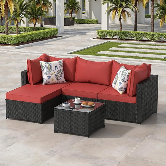 Patio Furniture Set, 5PCS Patio Sectional with Ottoman Wicker Rattan Outdoor Furniture with Thickened Cushion Modular Wicker Patio Conversation Set with Glass Top Table for Balcony, Backyard(Red)