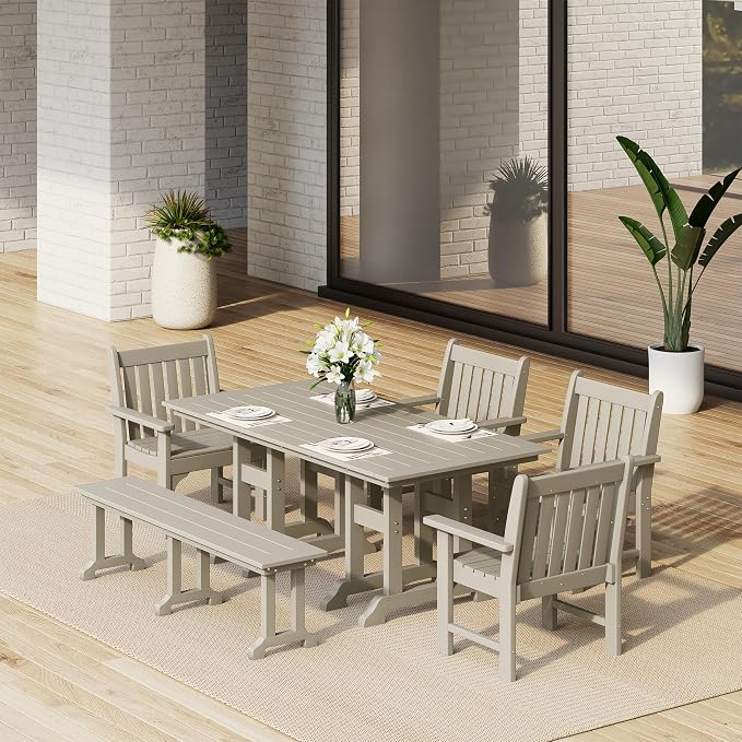Costaelm Rectangle Outdoor Dining Tables, 71'' Patio Table with Umbrella Hole for 6 Person, Balcony Outdoor Buffet Table, Porch Tables for Outside Lawn Porch Bistro Furniture, Sand